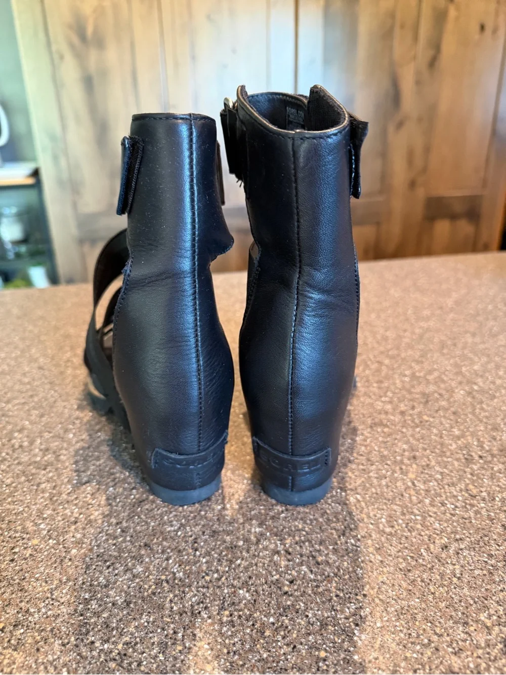 Sorel Black Strappy Elastic Ankle Wedge Sandals